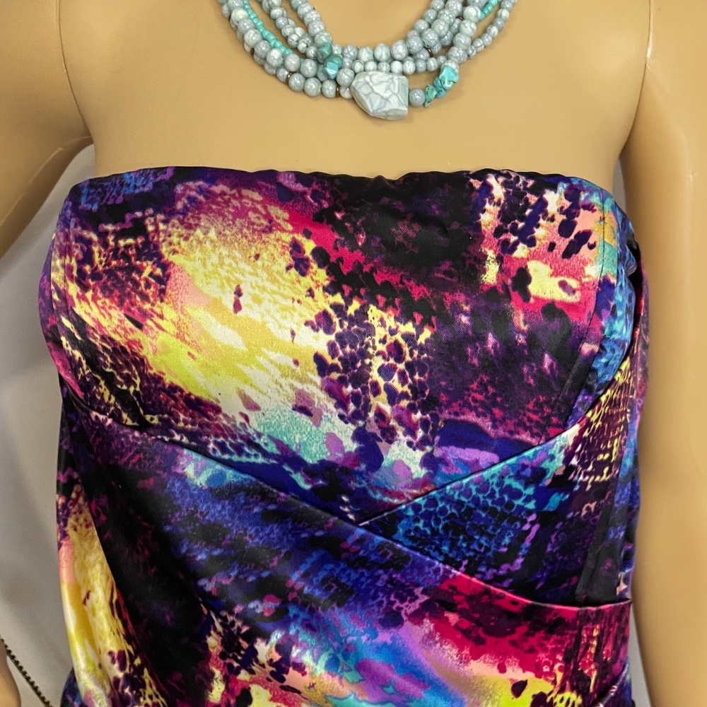 Fun Bright Psychedelic Strapless Pleated Asymmetr… - image 4